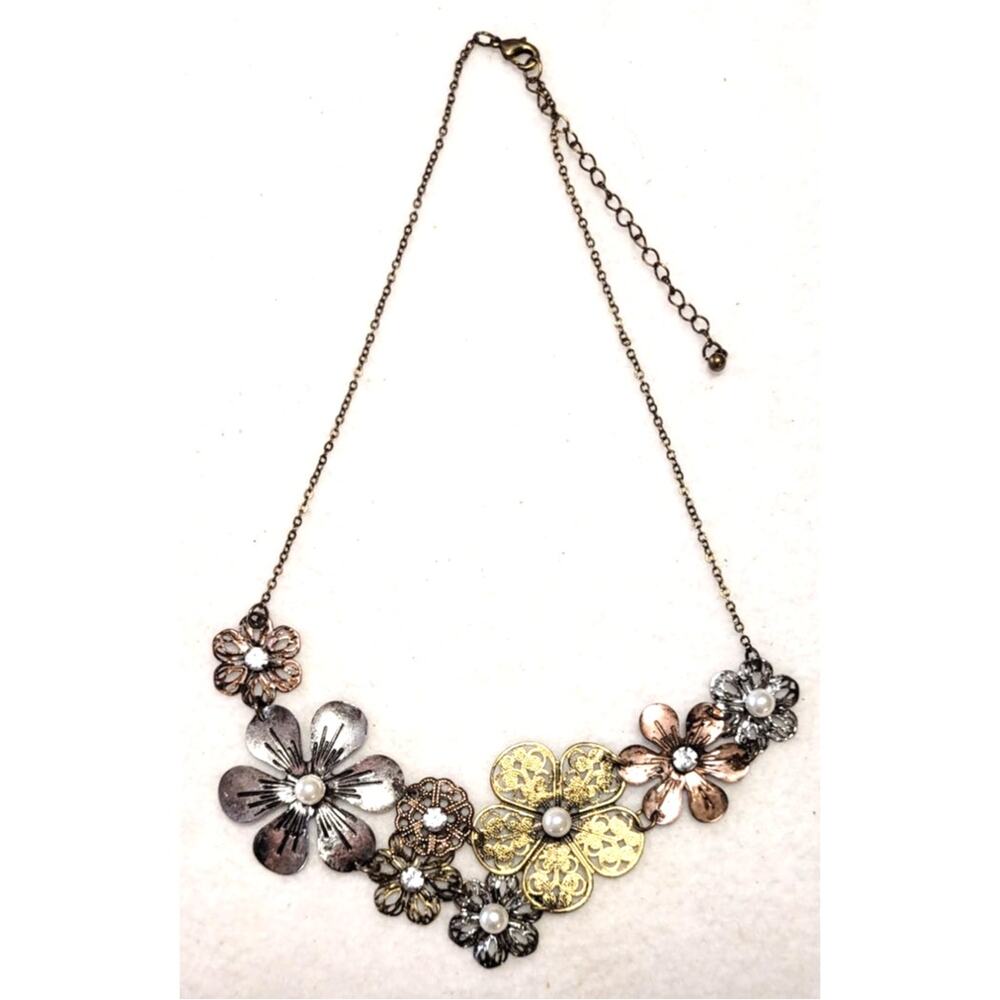 Flower Statement Choker Necklace Mixed Metal Silver Copper Gold Tone Lightweight